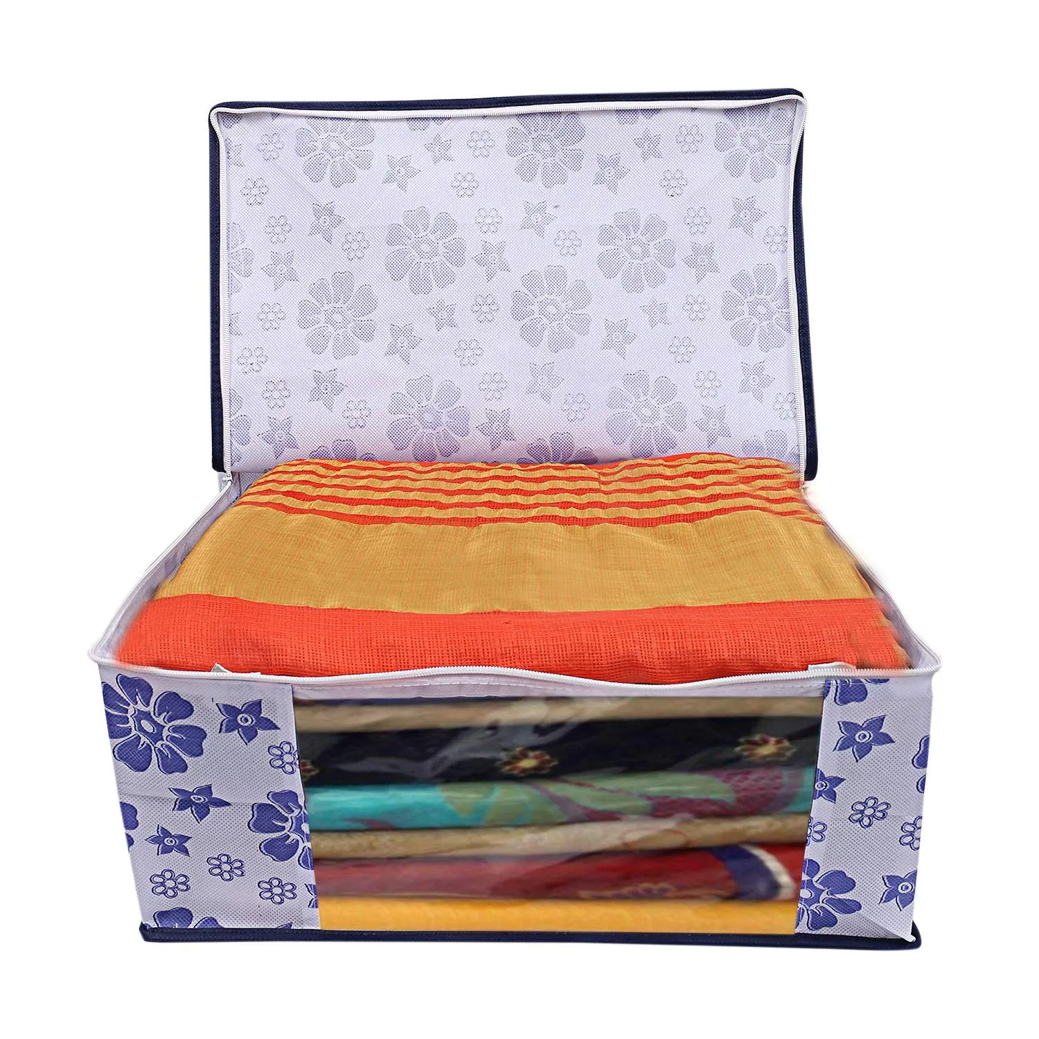 Kuber Industries Flower Printed Non Woven 6 Pieces Saree Cover and 6 Pieces Underbed Storage Bag, Cloth Organizer for Storage, Blanket Cover Combo Set (Royal Blue) - CTKTC038629